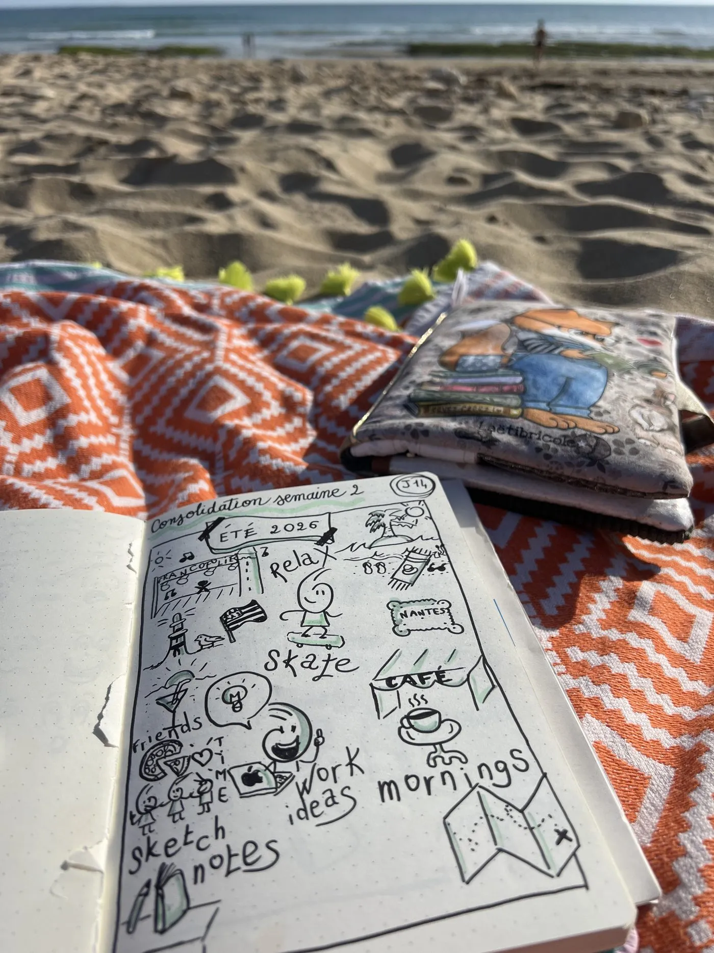 Planche réalisée par un participant : carnet ouvert sur la serviette de plage