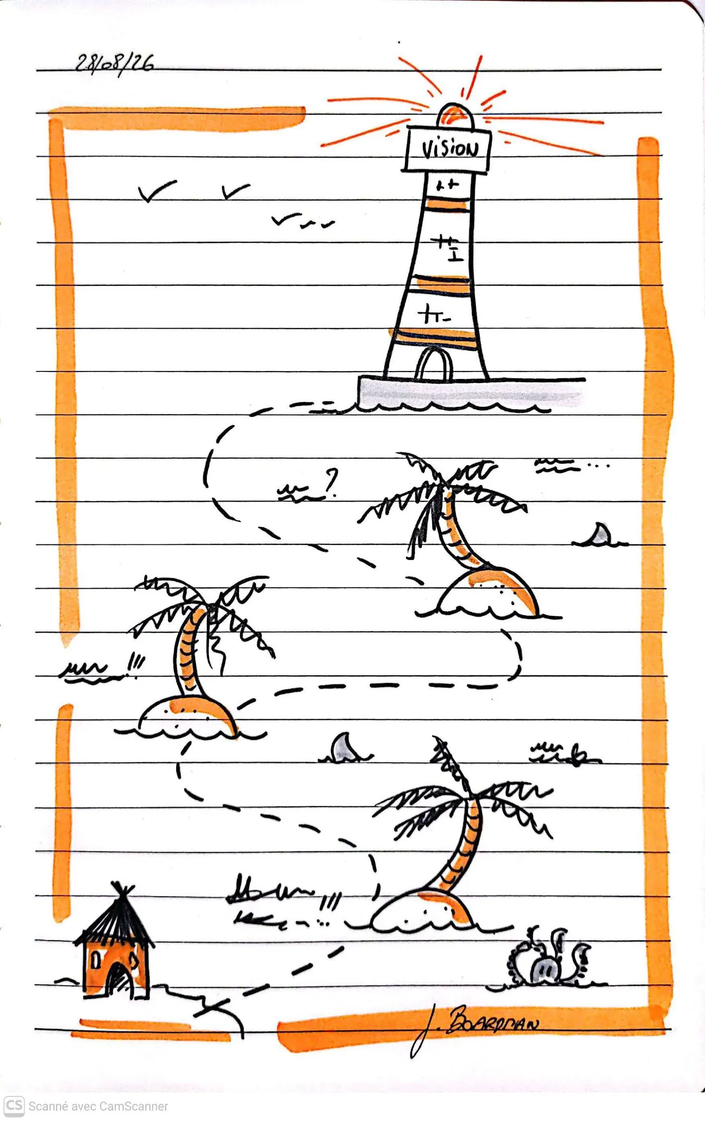 Planche réalisée par un participant : phare et palmiers au feutre orange