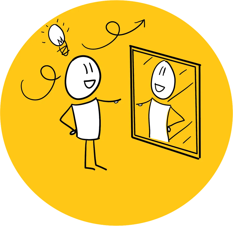 Pictogramme dessiné à la main : un personnage face à son reflet dans un miroir
