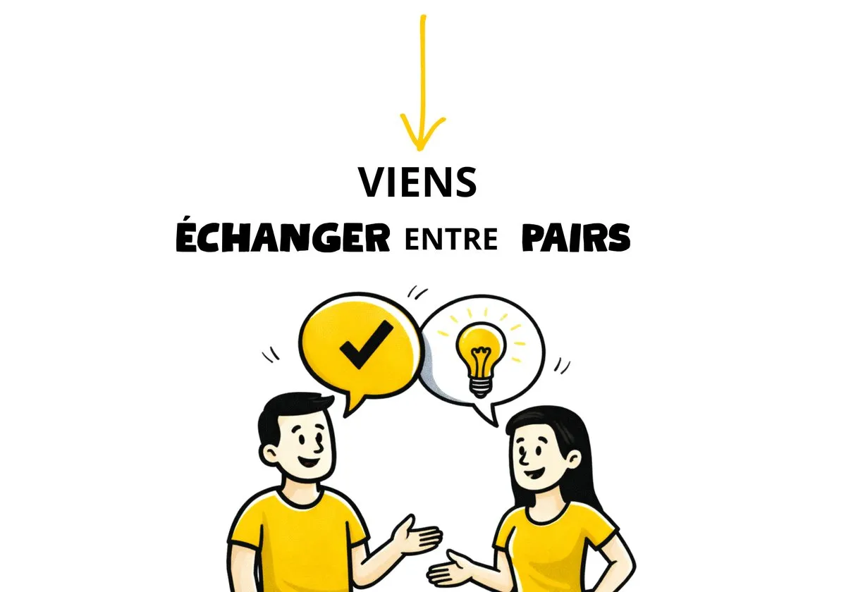 Illustration : deux personnes échangent, une ampoule et une validation au-dessus d’elles